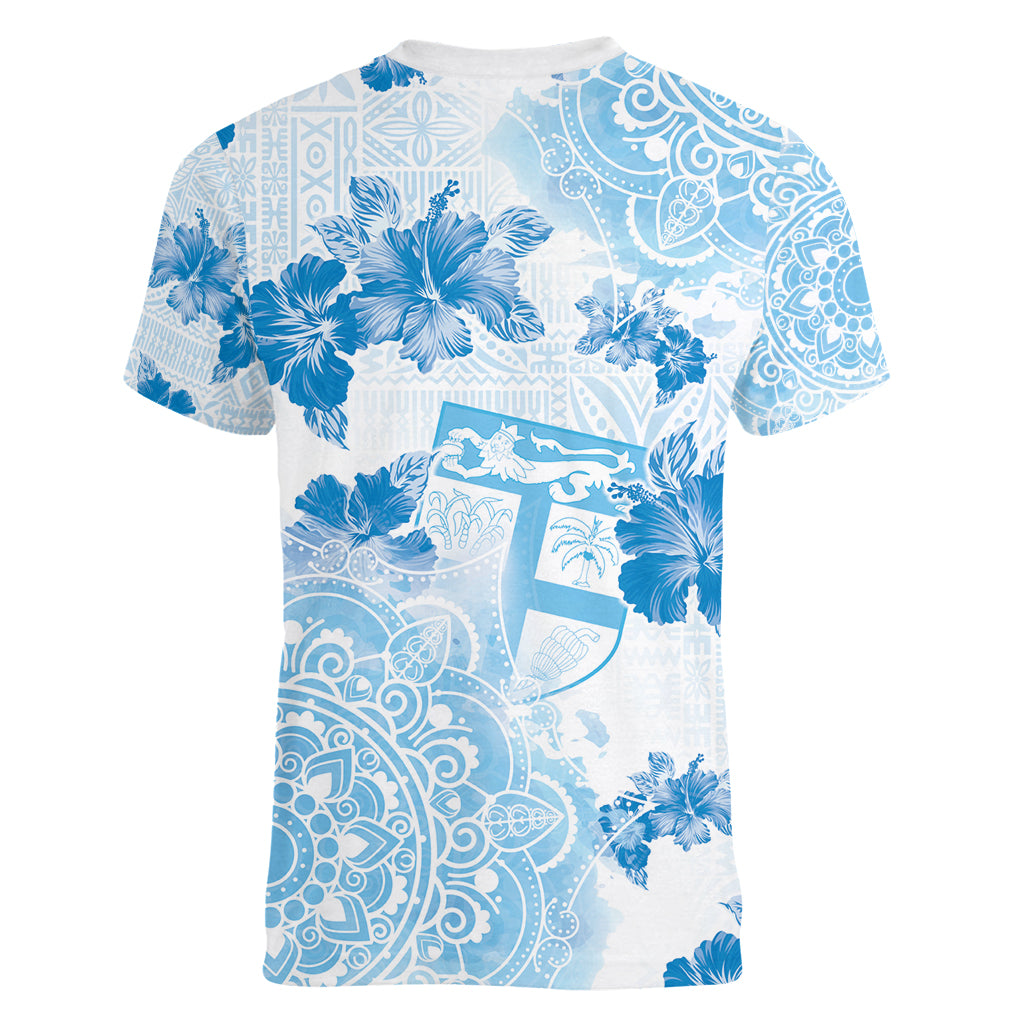 Happy Fiji Girmit Day Women V-Neck T-Shirt Fijian Tapa With Mandala Pattern