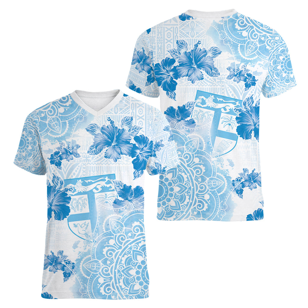 Happy Fiji Girmit Day Women V-Neck T-Shirt Fijian Tapa With Mandala Pattern