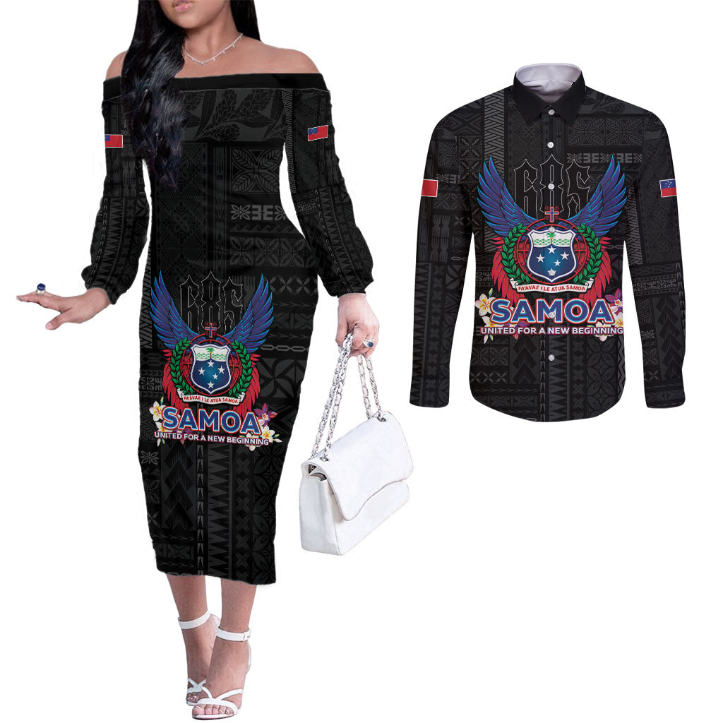 Samoa 64th Independence Anniversary Couples Matching Off The Shoulder Long Sleeve Dress and Long Sleeve Button Shirt