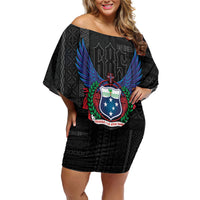 Samoa 64th Independence Anniversary Family Matching Off Shoulder Short Dress and Hawaiian Shirt LT05 Mom's Dress Black - Polynesian Pride