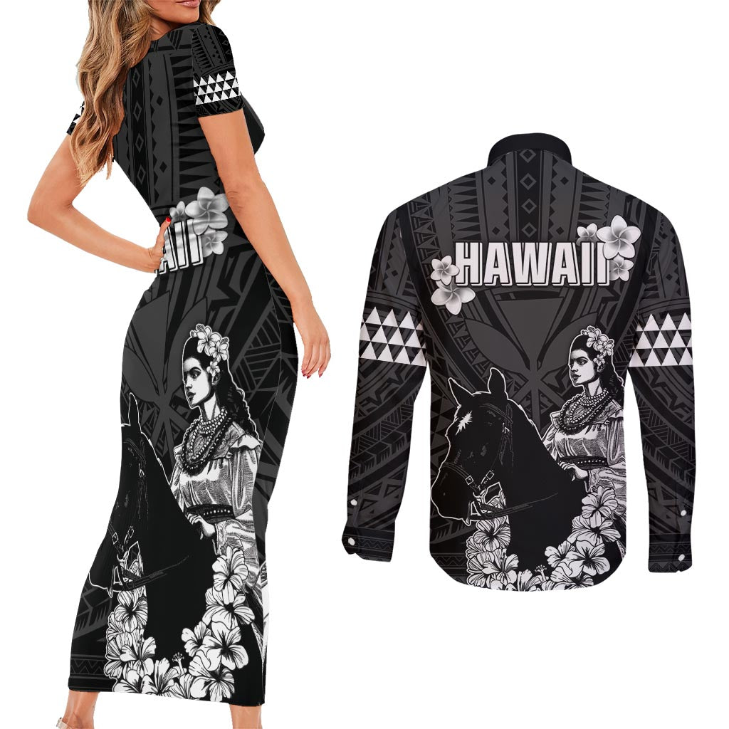 Hawaii King Kamehameha Day Parade Couples Matching Short Sleeve Bodycon Dress and Long Sleeve Button Shirt With Pa'u Riders Plumeria Kakau Tribal Pattern