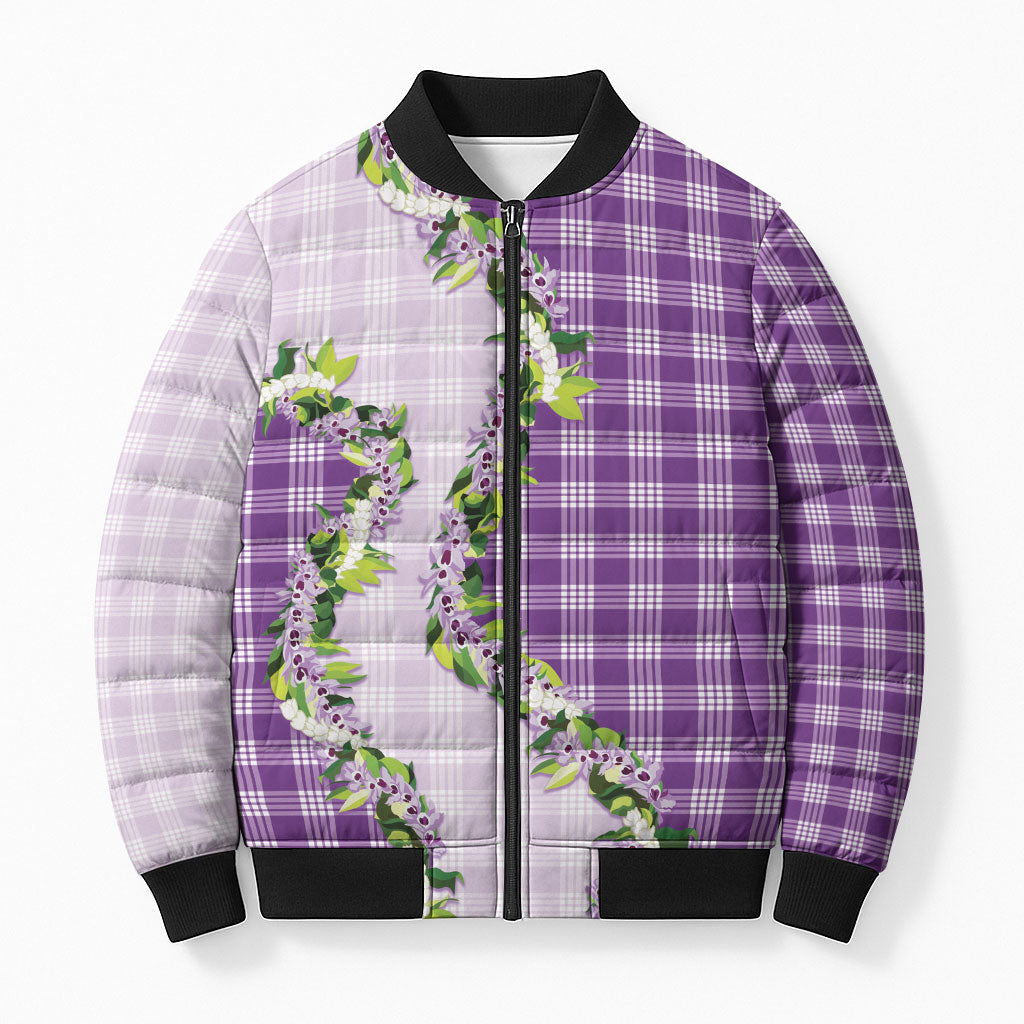 Violet Hawaii Palaka Bomber Puffer Jacket Maile Pikake Honohono Orchid Lei LT05 Unisex Violet - Polynesian Pride