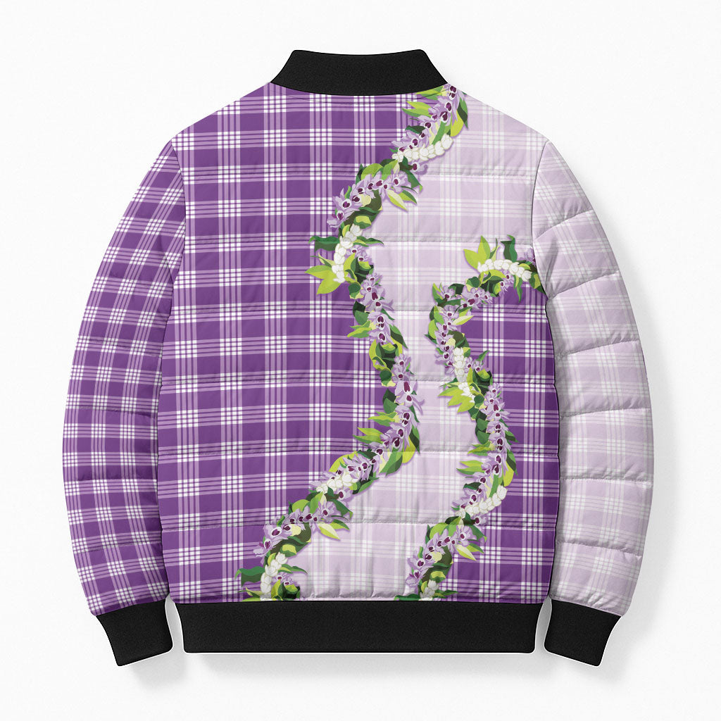 Violet Hawaii Palaka Bomber Puffer Jacket Maile Pikake Honohono Orchid Lei