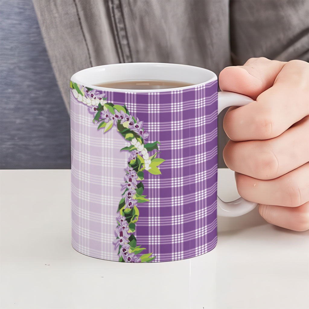 Violet Hawaii Palaka Ceramic Mug Maile Pikake Honohono Orchid Lei