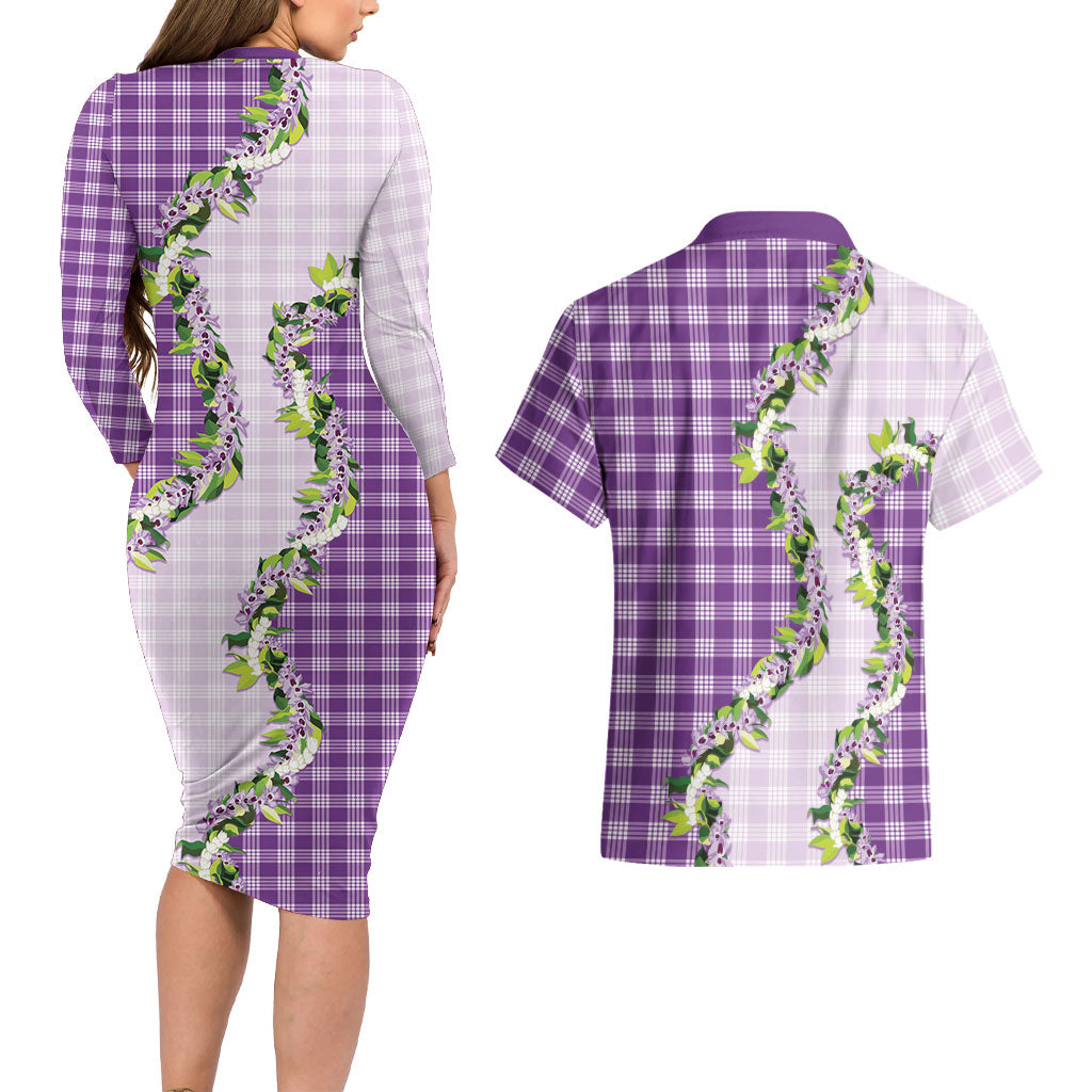 Violet Hawaii Palaka Couples Matching Long Sleeve Bodycon Dress and Hawaiian Shirt Maile Pikake Honohono Orchid Lei