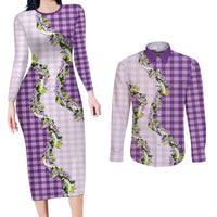 Violet Hawaii Palaka Couples Matching Long Sleeve Bodycon Dress and Long Sleeve Button Shirt Maile Pikake Honohono Orchid Lei