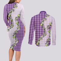 Violet Hawaii Palaka Couples Matching Long Sleeve Bodycon Dress and Long Sleeve Button Shirt Maile Pikake Honohono Orchid Lei