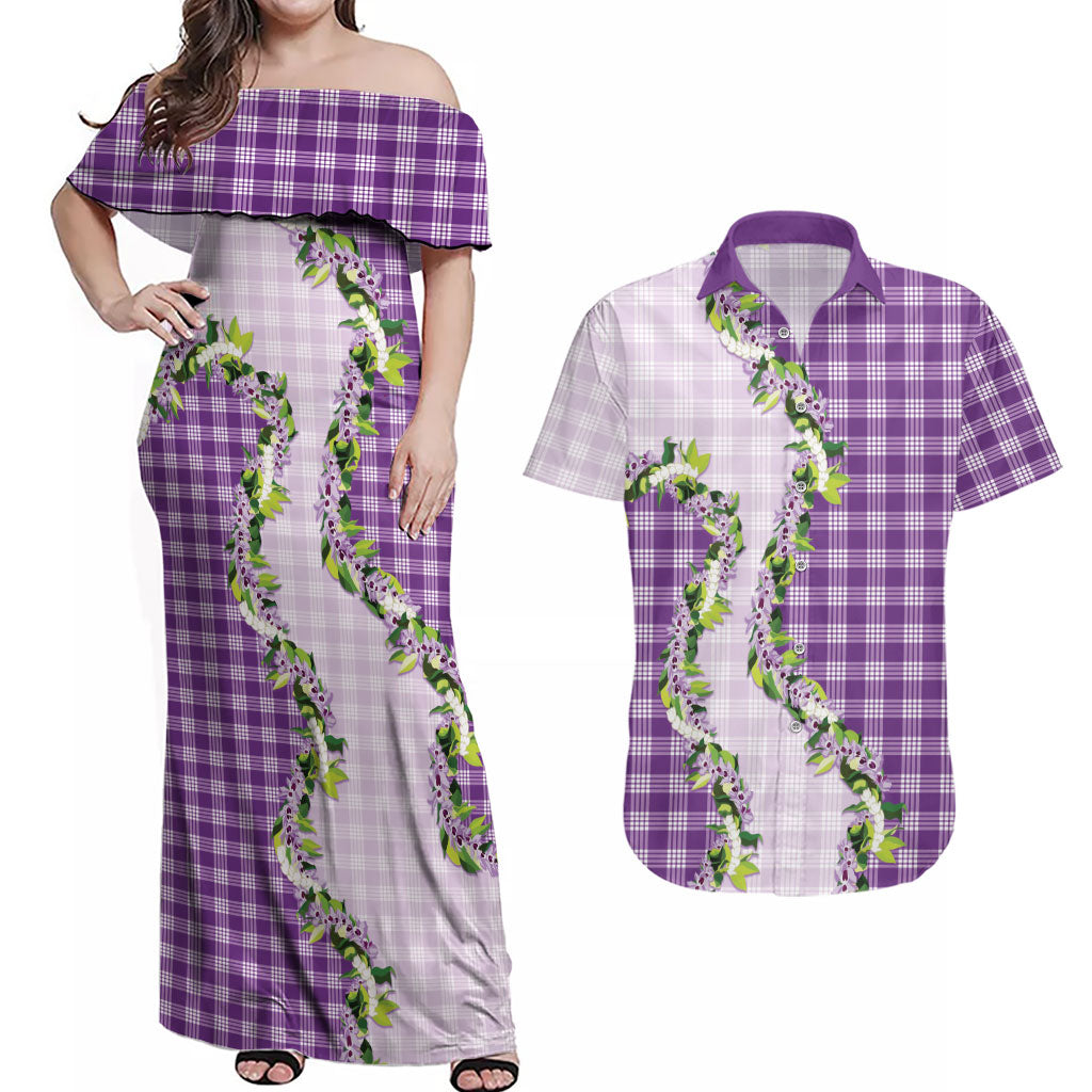 Violet Hawaii Palaka Couples Matching Off Shoulder Maxi Dress and Hawaiian Shirt Maile Pikake Honohono Orchid Lei