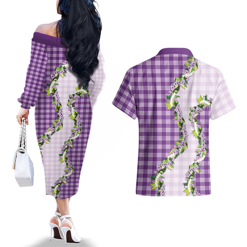 Violet Hawaii Palaka Couples Matching Off The Shoulder Long Sleeve Dress and Hawaiian Shirt Maile Pikake Honohono Orchid Lei