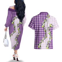 Violet Hawaii Palaka Couples Matching Off The Shoulder Long Sleeve Dress and Hawaiian Shirt Maile Pikake Honohono Orchid Lei