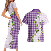 Violet Hawaii Palaka Couples Matching Short Sleeve Bodycon Dress and Hawaiian Shirt Maile Pikake Honohono Orchid Lei