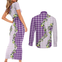 Violet Hawaii Palaka Couples Matching Short Sleeve Bodycon Dress and Long Sleeve Button Shirt Maile Pikake Honohono Orchid Lei