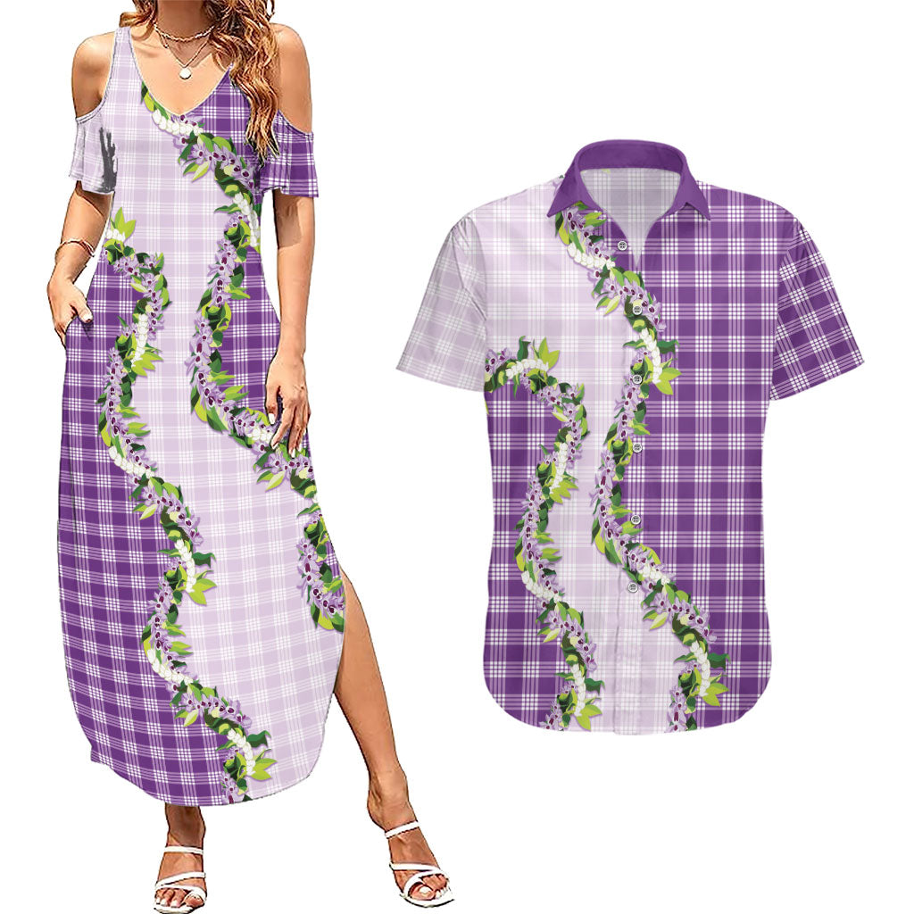 Violet Hawaii Palaka Couples Matching Summer Maxi Dress and Hawaiian Shirt Maile Pikake Honohono Orchid Lei