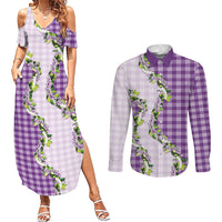 Violet Hawaii Palaka Couples Matching Summer Maxi Dress and Long Sleeve Button Shirt Maile Pikake Honohono Orchid Lei
