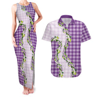 Violet Hawaii Palaka Couples Matching Tank Maxi Dress and Hawaiian Shirt Maile Pikake Honohono Orchid Lei