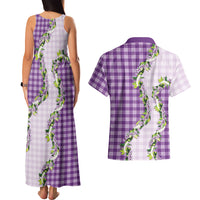 Violet Hawaii Palaka Couples Matching Tank Maxi Dress and Hawaiian Shirt Maile Pikake Honohono Orchid Lei