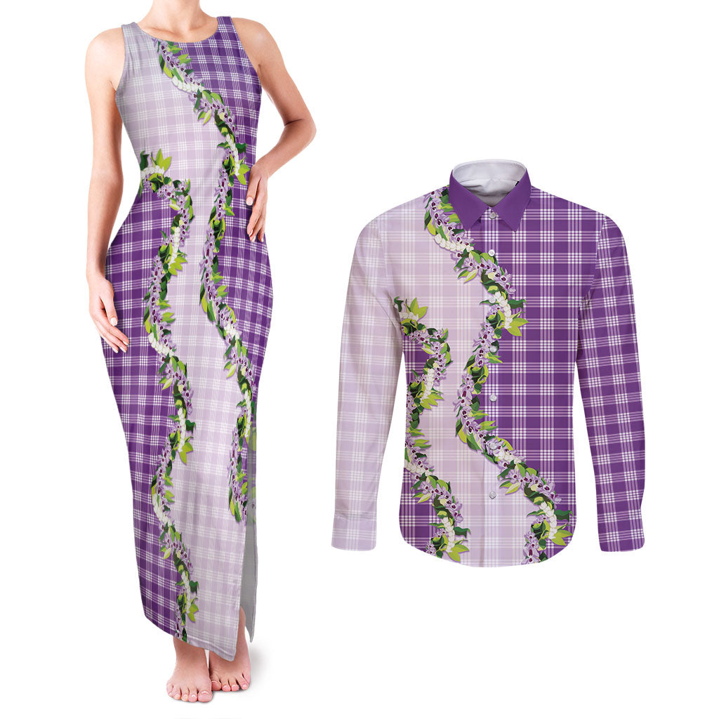 Violet Hawaii Palaka Couples Matching Tank Maxi Dress and Long Sleeve Button Shirt Maile Pikake Honohono Orchid Lei
