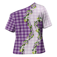 Violet Hawaii Palaka Cross Shoulder Shirt Maile Pikake Honohono Orchid Lei