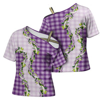 Violet Hawaii Palaka Cross Shoulder Shirt Maile Pikake Honohono Orchid Lei