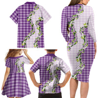 Violet Hawaii Palaka Family Matching Long Sleeve Bodycon Dress and Hawaiian Shirt Maile Pikake Honohono Orchid Lei