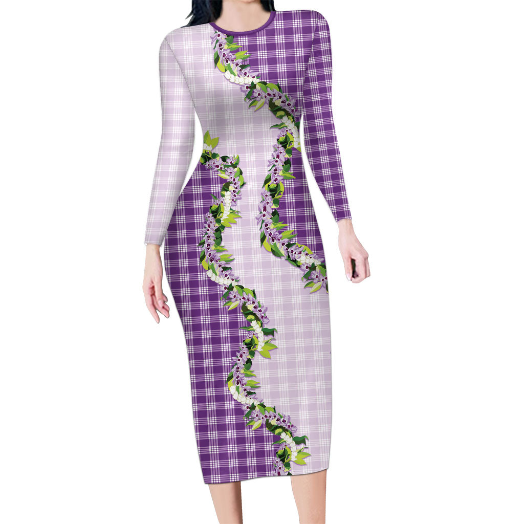 Violet Hawaii Palaka Family Matching Long Sleeve Bodycon Dress and Hawaiian Shirt Maile Pikake Honohono Orchid Lei