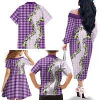 Violet Hawaii Palaka Family Matching Off The Shoulder Long Sleeve Dress and Hawaiian Shirt Maile Pikake Honohono Orchid Lei