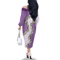 Violet Hawaii Palaka Family Matching Off The Shoulder Long Sleeve Dress and Hawaiian Shirt Maile Pikake Honohono Orchid Lei