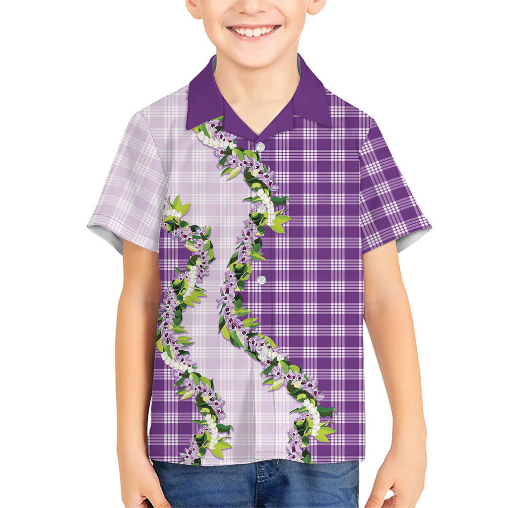 Violet Hawaii Palaka Family Matching Off The Shoulder Long Sleeve Dress and Hawaiian Shirt Maile Pikake Honohono Orchid Lei