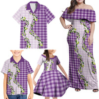 Violet Hawaii Palaka Family Matching Off Shoulder Maxi Dress and Hawaiian Shirt Maile Pikake Honohono Orchid Lei