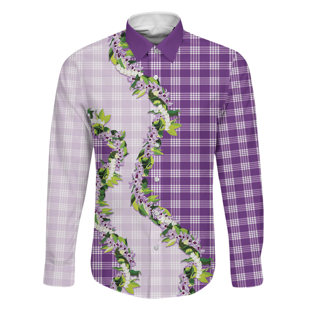 Violet Hawaii Palaka Family Matching Off Shoulder Maxi Dress and Hawaiian Shirt Maile Pikake Honohono Orchid Lei
