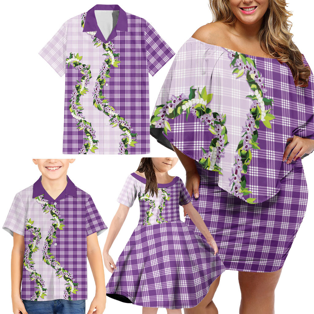 Violet Hawaii Palaka Family Matching Off Shoulder Short Dress and Hawaiian Shirt Maile Pikake Honohono Orchid Lei