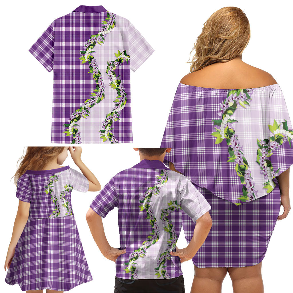 Violet Hawaii Palaka Family Matching Off Shoulder Short Dress and Hawaiian Shirt Maile Pikake Honohono Orchid Lei