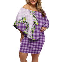 Violet Hawaii Palaka Family Matching Off Shoulder Short Dress and Hawaiian Shirt Maile Pikake Honohono Orchid Lei