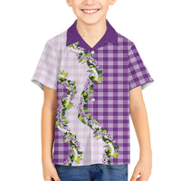 Violet Hawaii Palaka Family Matching Off Shoulder Short Dress and Hawaiian Shirt Maile Pikake Honohono Orchid Lei