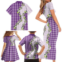 Violet Hawaii Palaka Family Matching Short Sleeve Bodycon Dress and Hawaiian Shirt Maile Pikake Honohono Orchid Lei