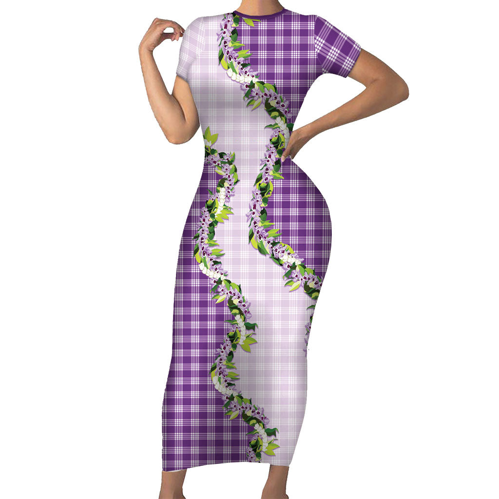 Violet Hawaii Palaka Family Matching Short Sleeve Bodycon Dress and Hawaiian Shirt Maile Pikake Honohono Orchid Lei