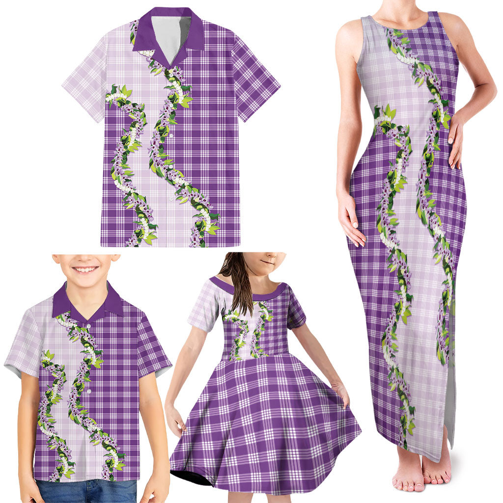 Violet Hawaii Palaka Family Matching Tank Maxi Dress and Hawaiian Shirt Maile Pikake Honohono Orchid Lei