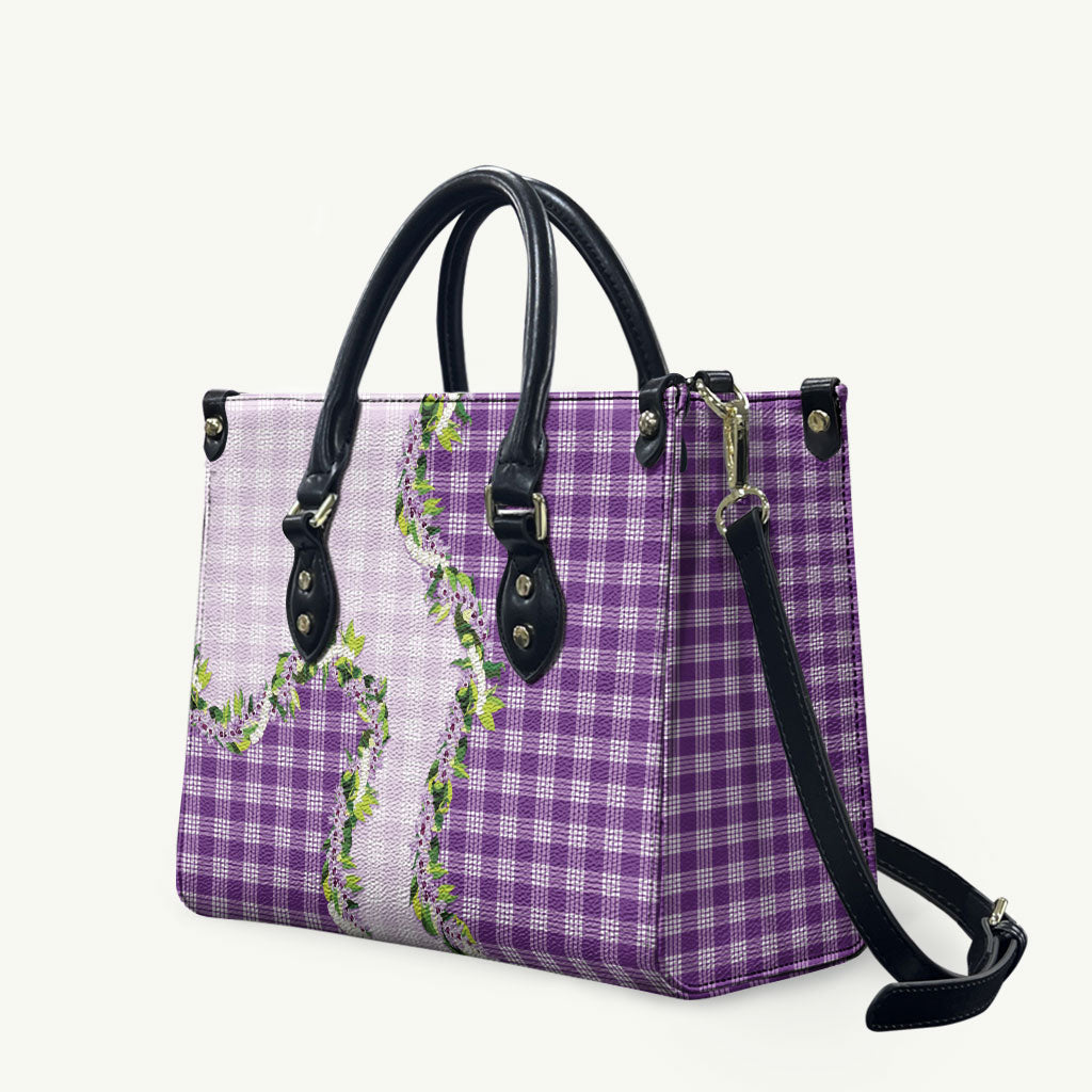 Violet Hawaii Palaka Leather Bag Maile Pikake Honohono Orchid Lei
