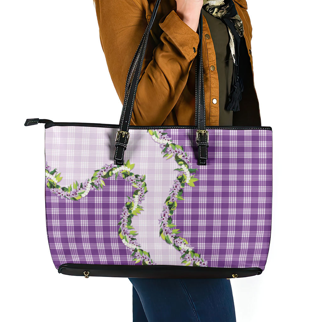 Violet Hawaii Palaka Leather Tote Bag Maile Pikake Honohono Orchid Lei