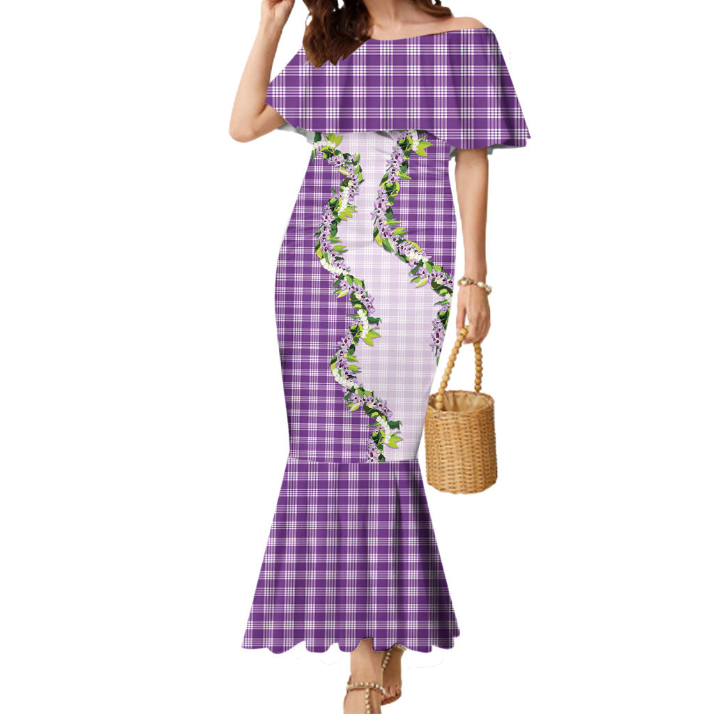 Violet Hawaii Palaka Mermaid Dress Maile Pikake Honohono Orchid Lei