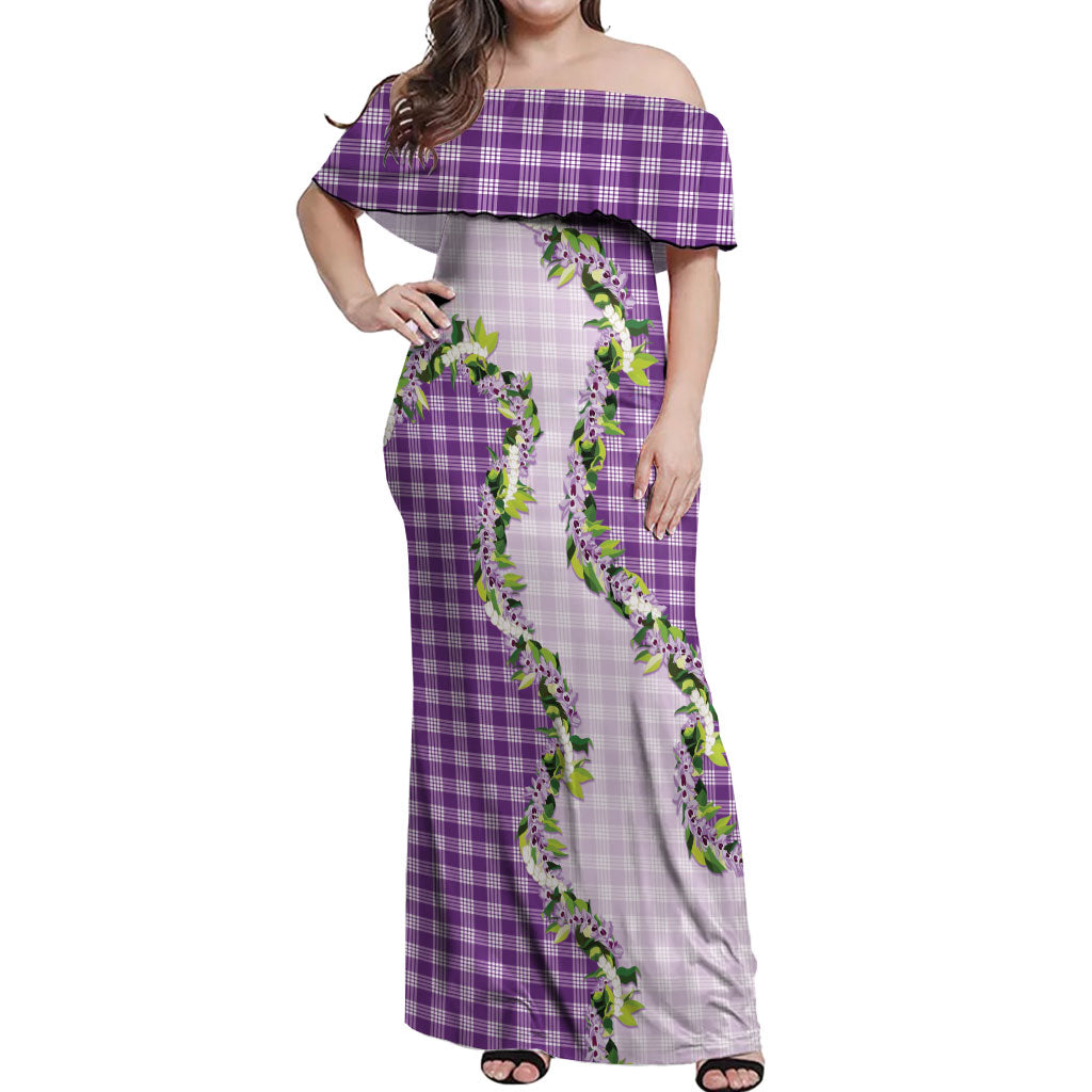 Violet Hawaii Palaka Off Shoulder Maxi Dress Maile Pikake Honohono Orchid Lei