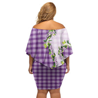 Violet Hawaii Palaka Off Shoulder Short Dress Maile Pikake Honohono Orchid Lei