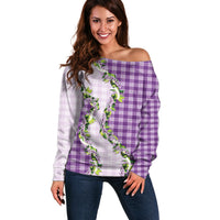 Violet Hawaii Palaka Off Shoulder Sweater Maile Pikake Honohono Orchid Lei