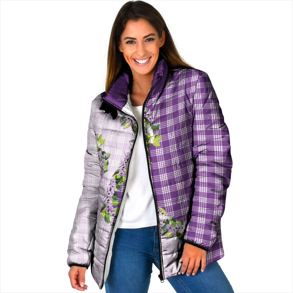 Violet Hawaii Palaka Padded Jacket Maile Pikake Honohono Orchid Lei