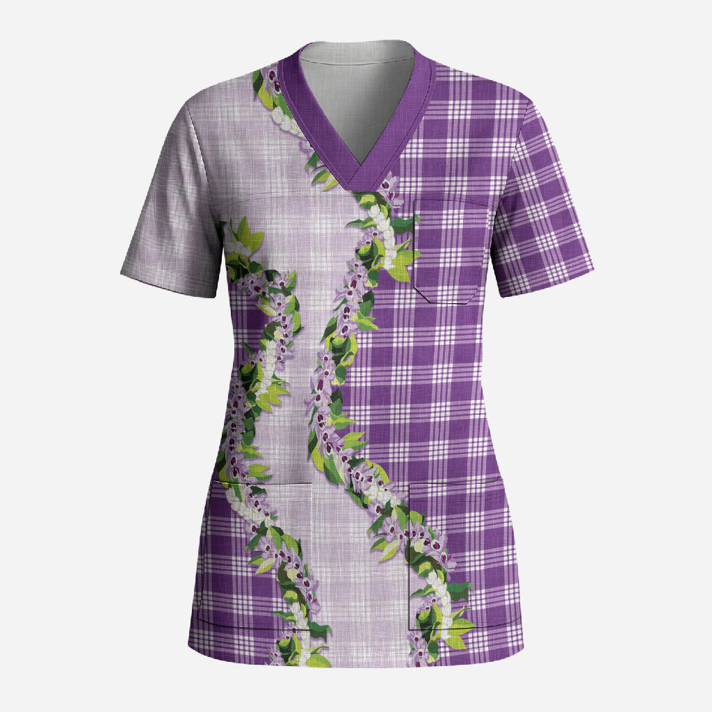 Violet Hawaii Palaka Scrub Top Maile Pikake Honohono Orchid Lei