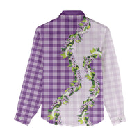 Violet Hawaii Palaka Women Casual Shirt Maile Pikake Honohono Orchid Lei