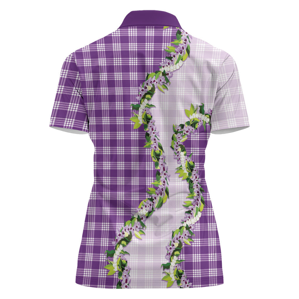 Violet Hawaii Palaka Women Polo Shirt Maile Pikake Honohono Orchid Lei