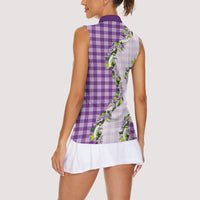 Violet Hawaii Palaka Women Sleeveless Polo Shirt Maile Pikake Honohono Orchid Lei