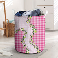 Pink Hawaii Palaka Laundry Basket Maile Pikake Honohono Orchid Lei
