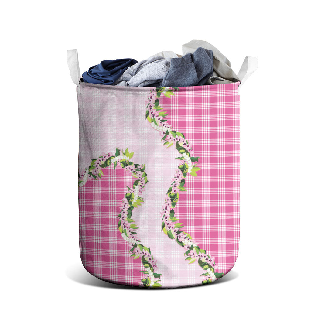 Pink Hawaii Palaka Laundry Basket Maile Pikake Honohono Orchid Lei